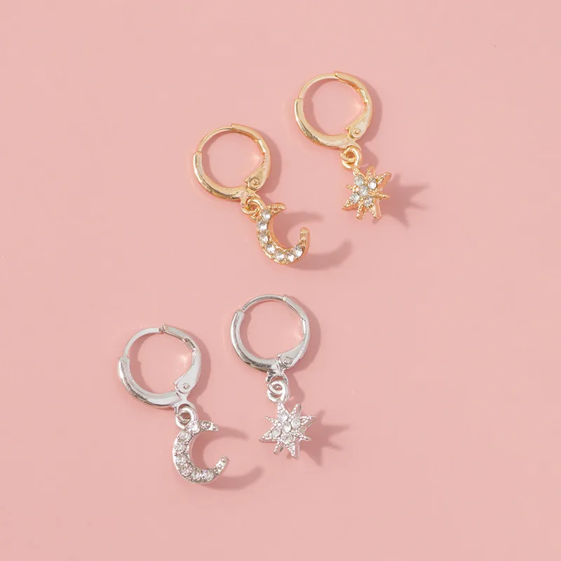 Aesthetic Fashion Star Moon Asymmetrical Earrings for Women Crystal Shiny Hanging Earring Female Statement Kpop Stylish Jewelry | Украшения