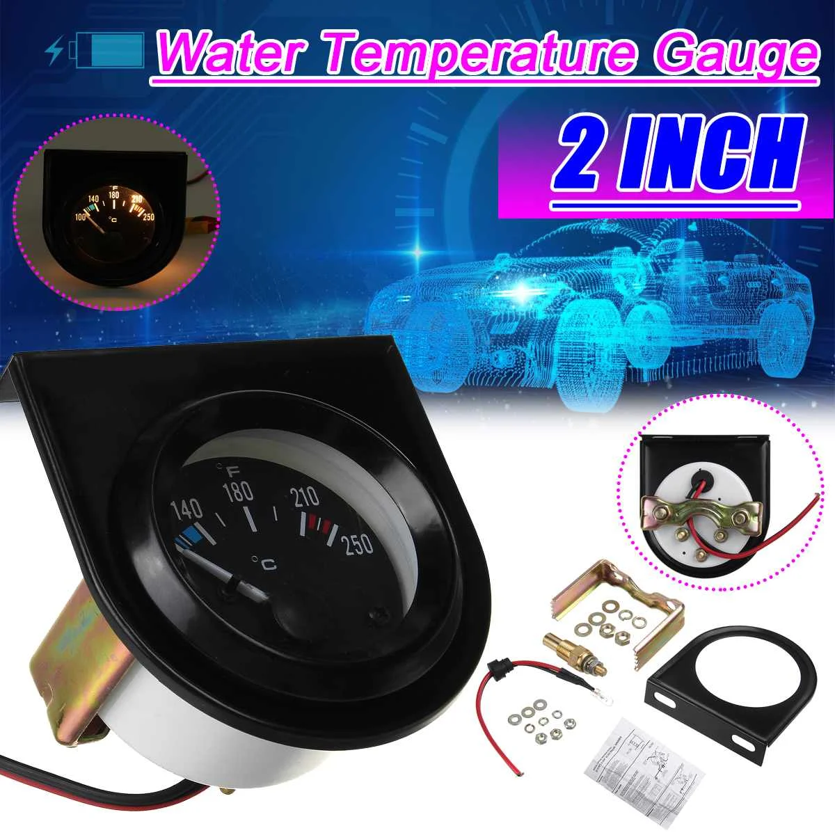 

2" 52mm Universal Water Temperature Gauge 100-250F 12v Auto Replacement Parts Water Temp Gauges