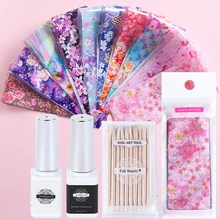 10 шт Фольга для ногтей наклейки-лак красочные цветы DIY клей переводные наклейки для ногтей черный прозрачный базовый гель для маникюра SAXK139-1