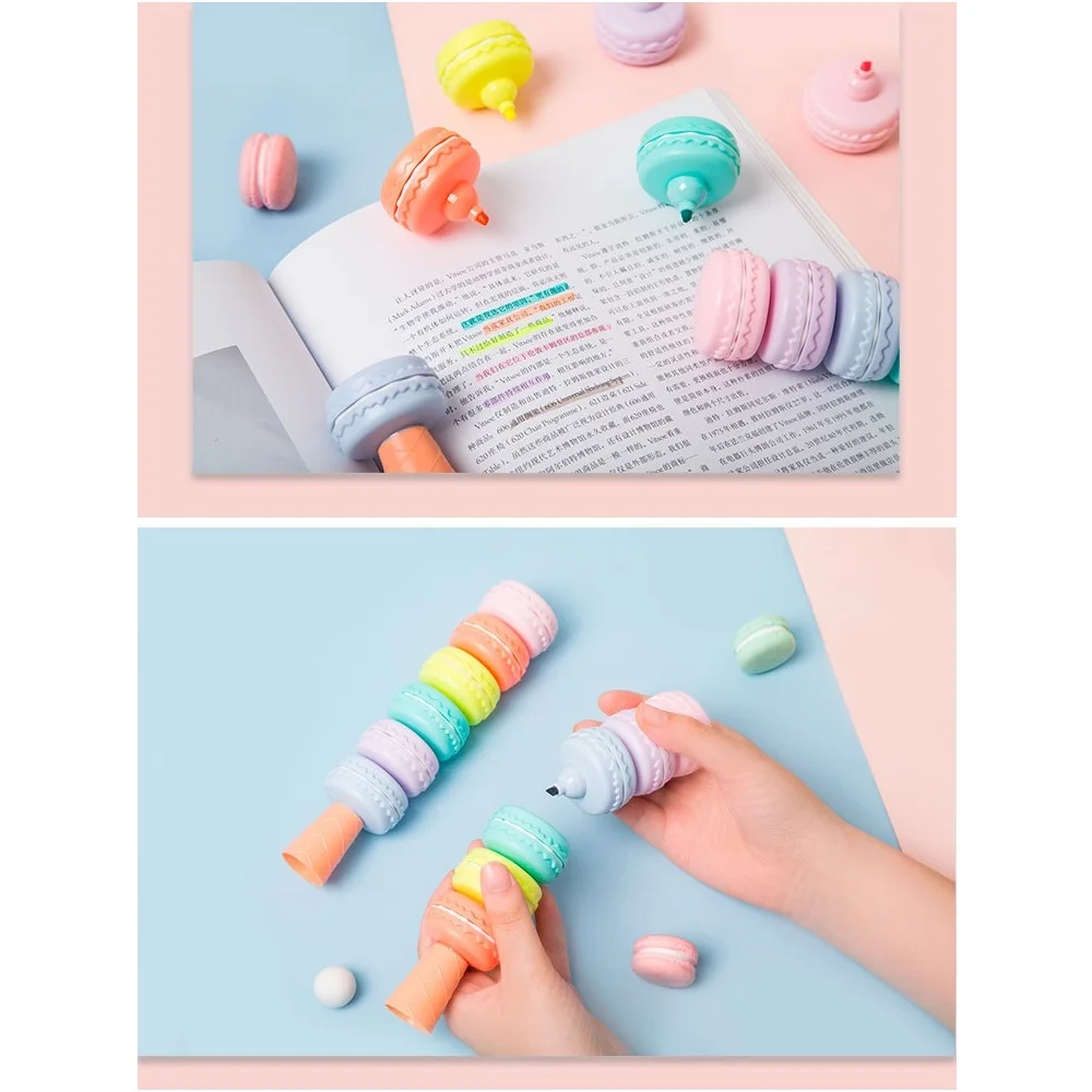 6pcs Novelty Cookie Highlighter Pen Set Macaron Cake Fluorescent Color Marker Liner for Drawing Paint Art Kid Gift School F473