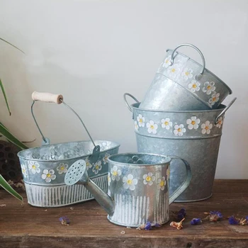 

Vintage Iron Flower Pot Plant Flowerpot Bucket Desktop Flowers Vase Hanging Balcony Plant Bucket Stand Planting Display