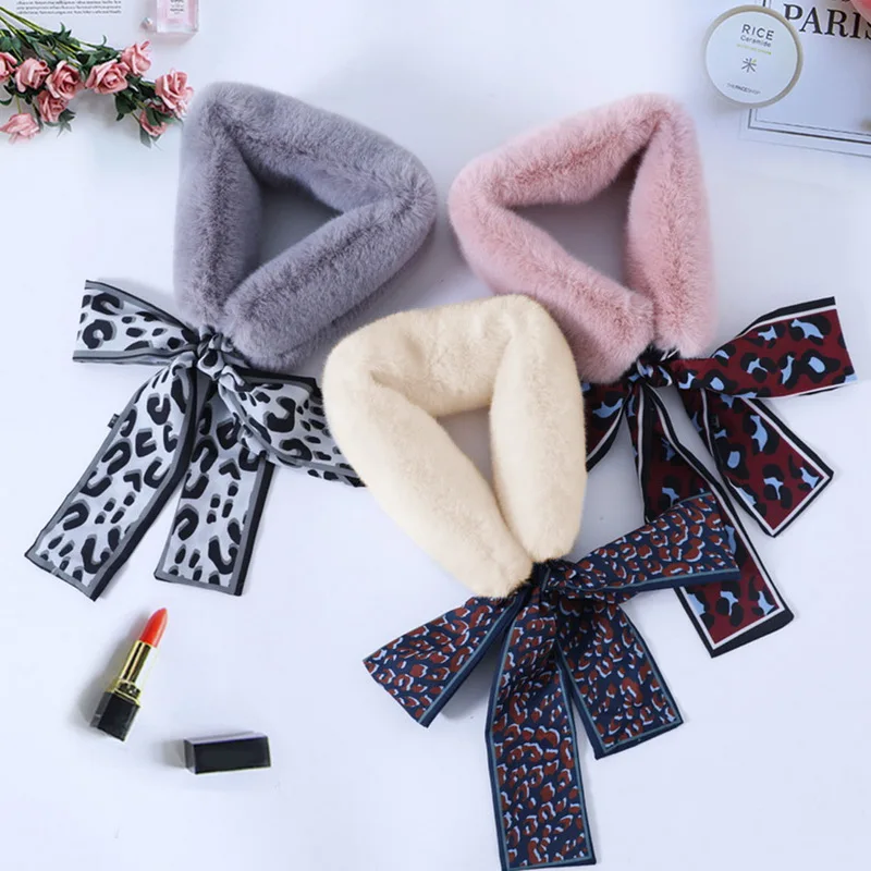 

Ladies New Fashion Autumn Winter Warm Fake Rabbit Fur Collar Scarf For Women Poka Dot Ribbon Neckerchief Scarves For Women
