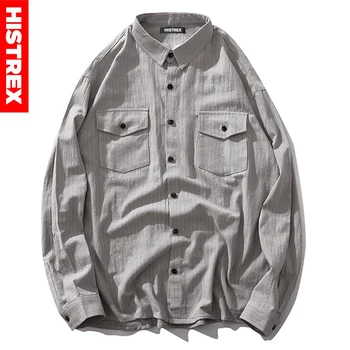 

HISTREX 100 Cotton Stripe Black Gray Men Shirt Slim FitHomme 2019 Male Harajuku Dress Shirt Hawaiian Designer Casual S3040#