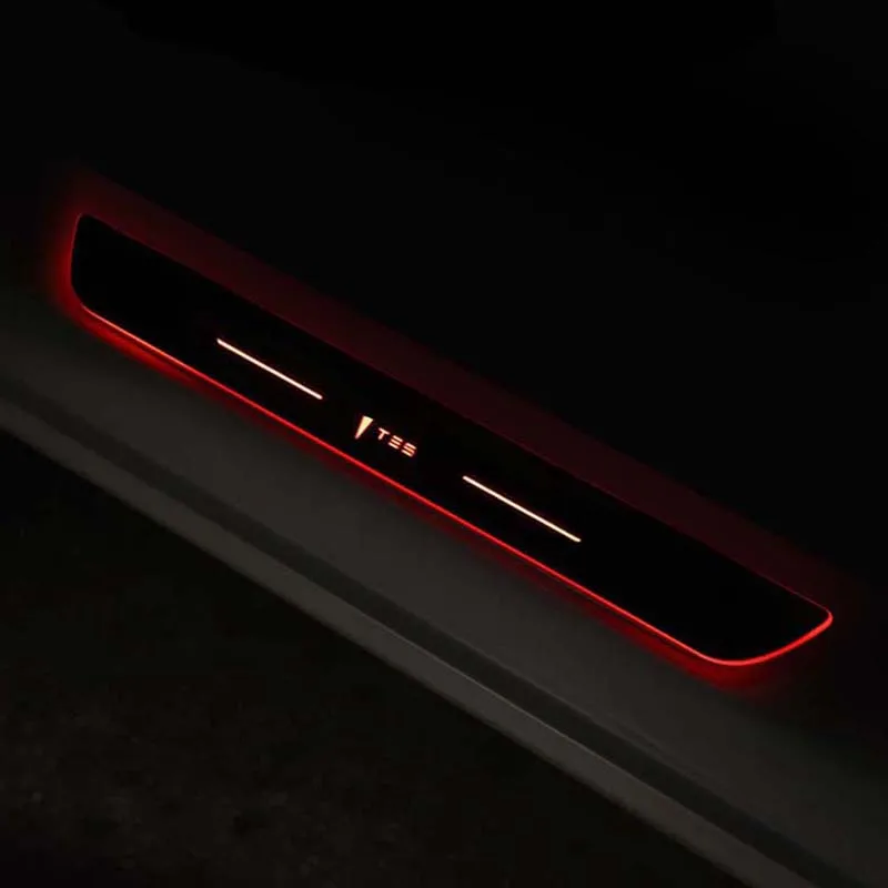 Интерьерные аксессуары для Tesla модель 3 модель 3 led порог двери порог приветственные огни педаль отделка Декоративная наклейка на рамку - Название цвета: Красный