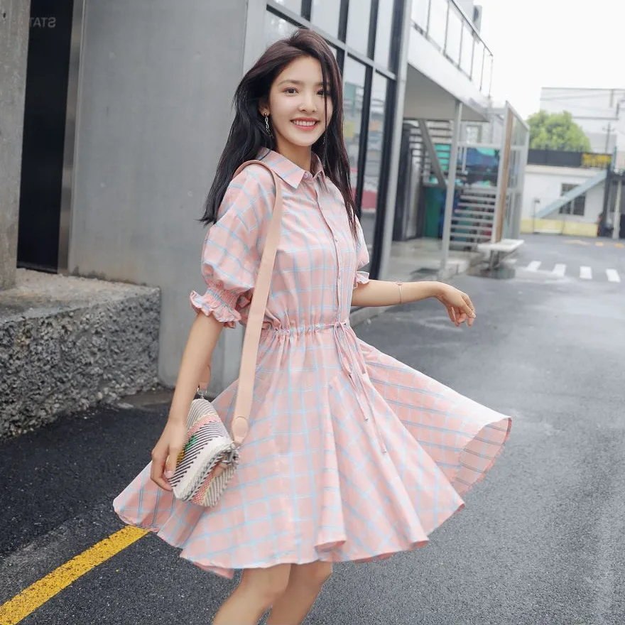 

Photo Shoot INS Platycodon Grandiflorum First Love Plaid Fold-down Collar Single Breasted Shirt Dress Women's Puff Sleeve Drawst