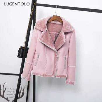 

Lugentolo Leather Fur Women Winter Warm Solid Color Long Sleeves Turn-down Collar PU Moto Zipper Flocking Women Coat