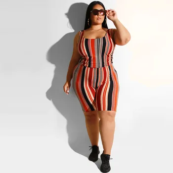 

Plus size dress 2020 women's summer fashion casual suit vest shorts v-neck printed tight two-piece suit Sleeveless natural
