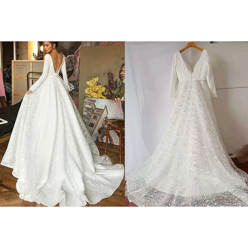 

Long Sleeve Wedding Dress Sexy V-neck With Court Train Back Button A-line Bridal Dress Luxury Lace Light Wedding Dress Customize