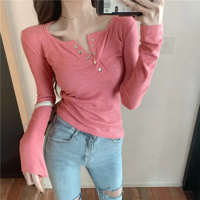 

Autumn Winter Temperament V-Neck Undershirt Women Are Thin Tight Fitting Breaststroke Long Sleeves T-Shirt Built Pink Jacket