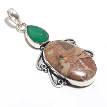 

Genuine Picture Jasper + Emerald Pendant Silver Overlay over Copper ,Hand made Women Jewelry gift , P9001