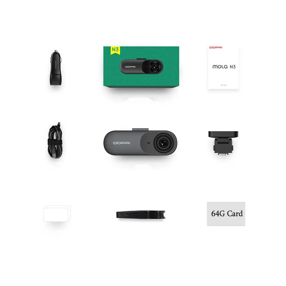 N3 Add 64G Card Глобальная версия Xiaomi Mijia DDPai Full HD 1600P регистратор для вождения автомобиля камера DVR интеллектуальное Голосовое управление помощь при вождении - Цвет: N3 Add 64G Card
