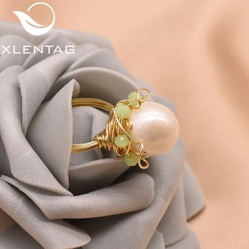 

XlentAg Natural White Big Pearl Flower Rings Green Crystal Angel Women Punk Anniversary Party Gifts Hiphop Luxury Jewelry GR0249