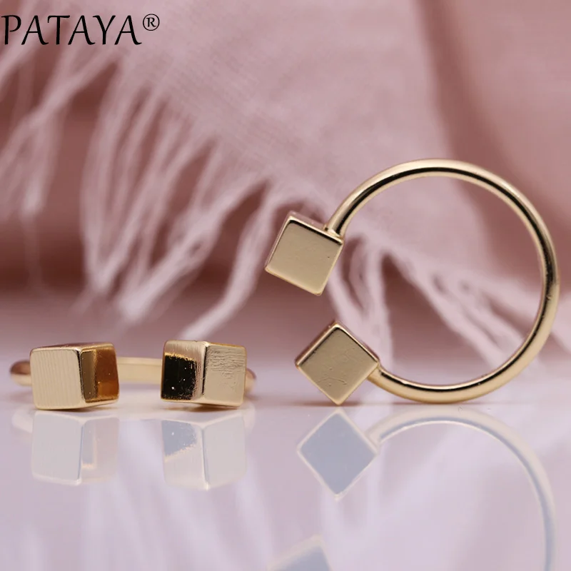 

PATAYA New Double Square Unique Women Rings 585 Rose Gold Wedding Fine Fashion Jewelry Party Daily Small Gift Classic Open Rings