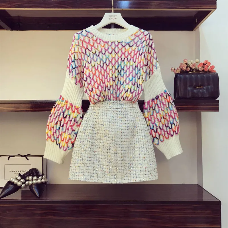 

2019 Fall Winter New Contrast rainbow rhombic knit Sweater + Sexy Short Tweed Skirts Womens Elegant Skirts Two-piece Set Female