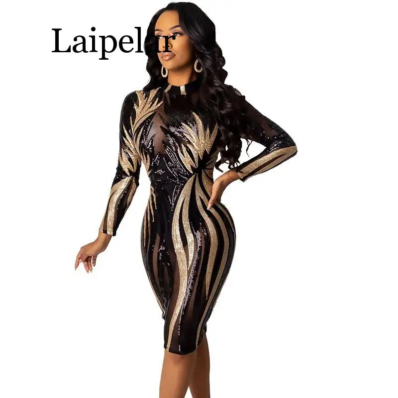 

Luxury Sequin Party Dress Women Sparkle Sexy Club Dresses 2019 Autumn Winter Glitter Sheer Mesh Midi Bodycon Elegant Party Dress