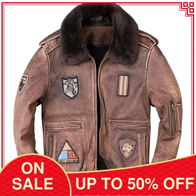 

2020 Vintage Brown Military Style Genuine Pilot Leather Jacket Men Plus Size 5XL Real Thick Natural Cowhide Winter Aviator Coat