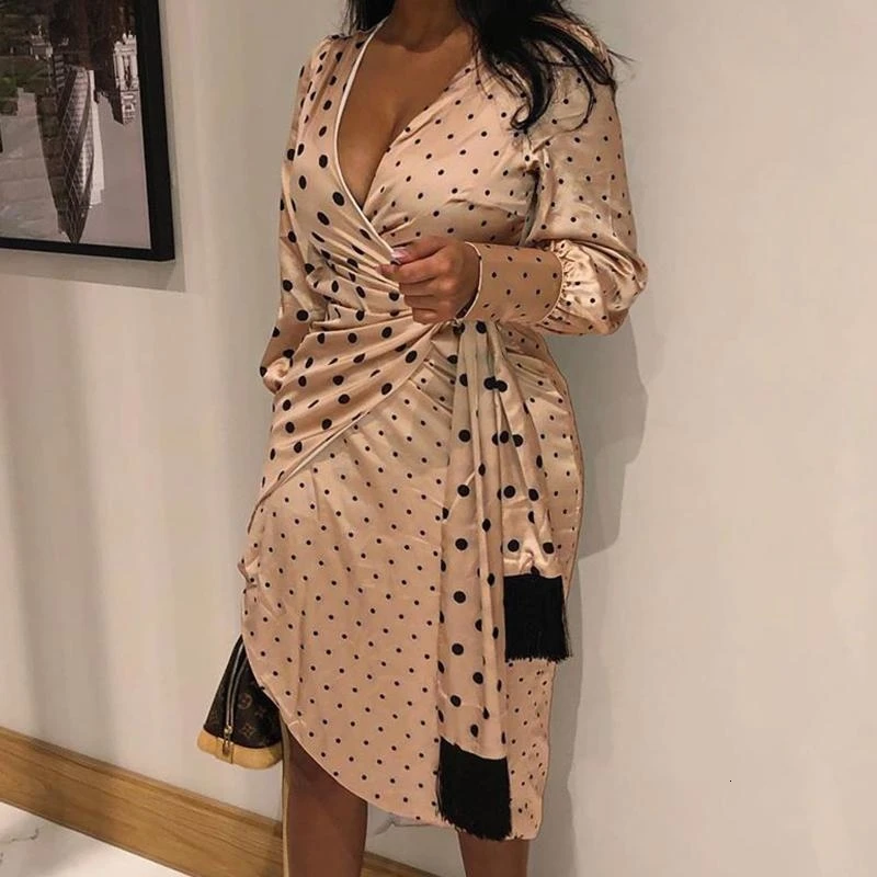 

Polka Dot Spliced Wrap Dress Women Irregular Long Sleeve V Neck Satin Dress Spring Fashion Vestidos De Verano