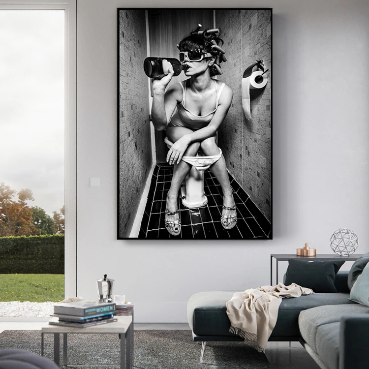 Mujer sentada en el inodoro Vintage Canvas Art Posters and Prints Pinturas de pared de mujer en blanco y negro Decoración de la pared del hogar 30x45cm Sin marco