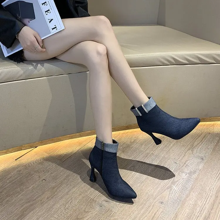 

Black Blue concise Denim Turnde-over Thin High heel Ankle Boots for Women 2019 Autumn Winter shoes Fashion Short Booties Ladies