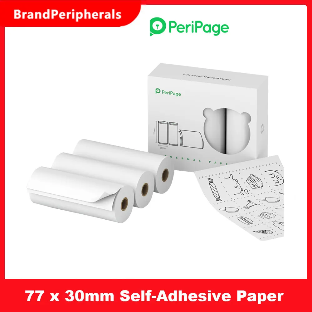 PeriPage-rollo de papel adhesivo térmico de 77x30mm, sin BPA pegatina adhesiva, impermeable, a prueba de fricción y aceite