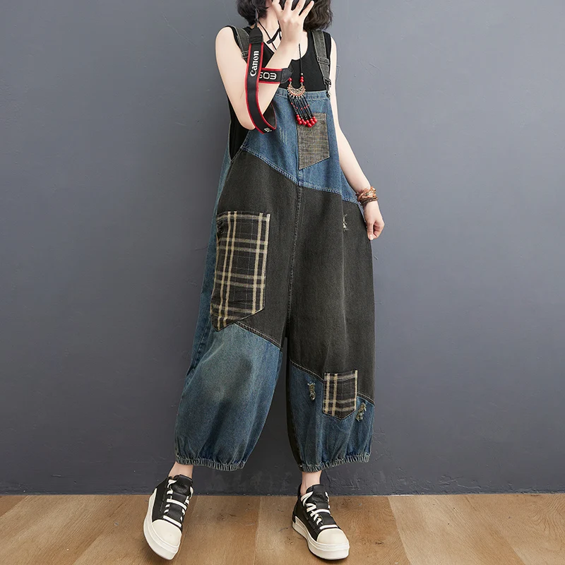 #1429 Spring Summer Denim Overalls For Women Big Pockets Loose Long Jeans Jumpsuits Sleeveless Spaghetti Strap Denim Jumpsuits