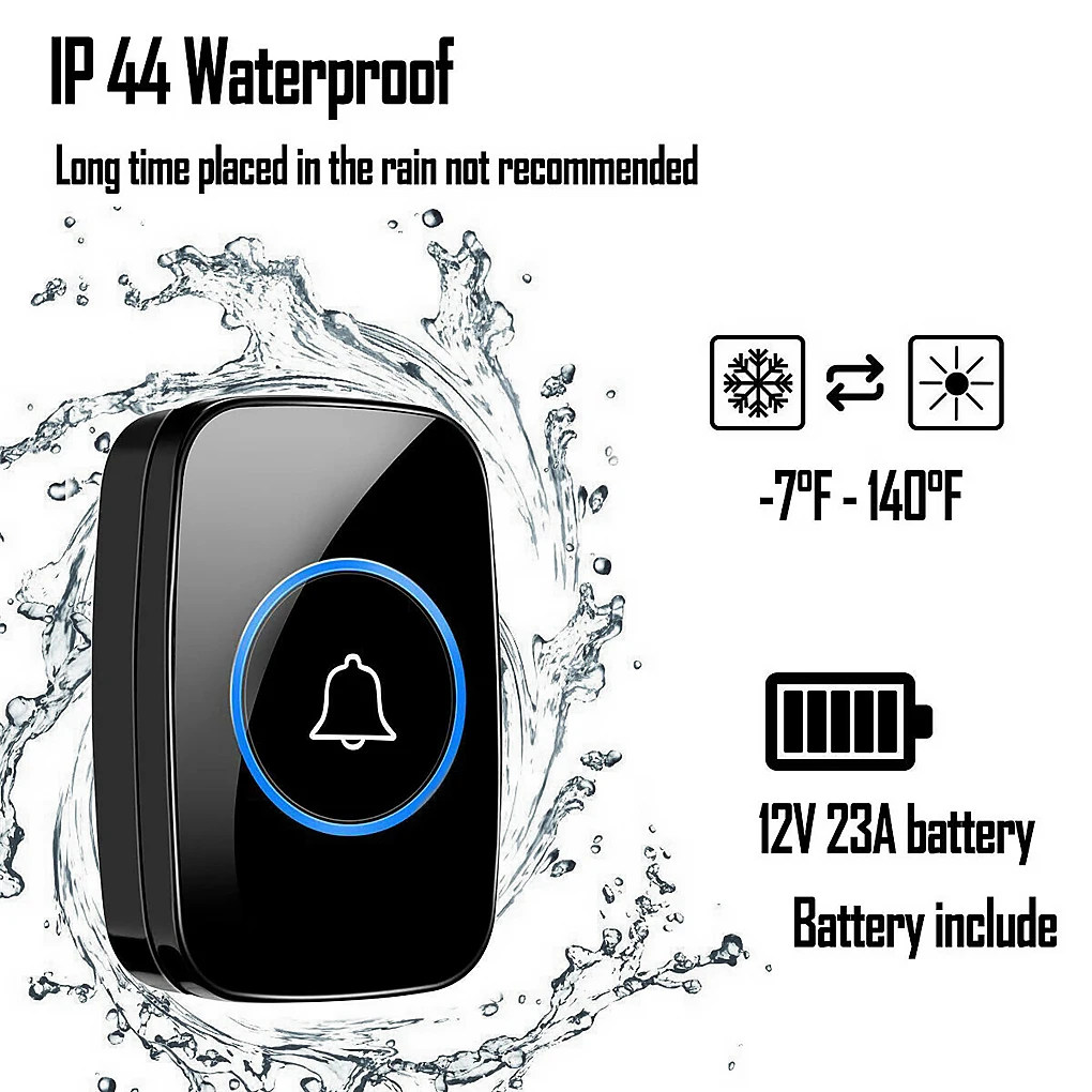 

Waterproof Wireless Doorbell 100-240V 60 Rings 32 Songs Chime 300M Remote Led Light Home Eu Plug Black Door Bell