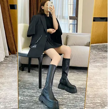 comprar Botas De Couro De Inverno De Alta Plataforma De Salto Elasticidade Motocicletas Botas Pretas Goth Botas Femininas Botas De Tornozelo Joelho Alto