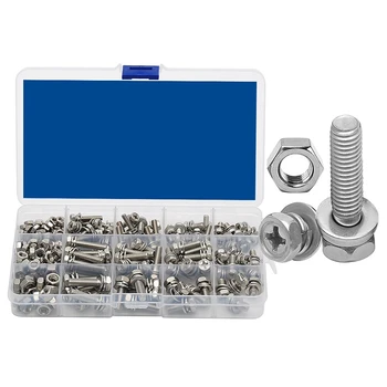 

200Pcs Cross Hex Head Screw Nut and Washer Three Screws Set Kit M4 M5 M6 Stainless Steel Three Combination Thread