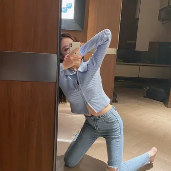 

CXFS 2020 new spring Women Sweater knitted fashion zipper Cardigans turn-down collar Female long sleeve casual blue Sweaters