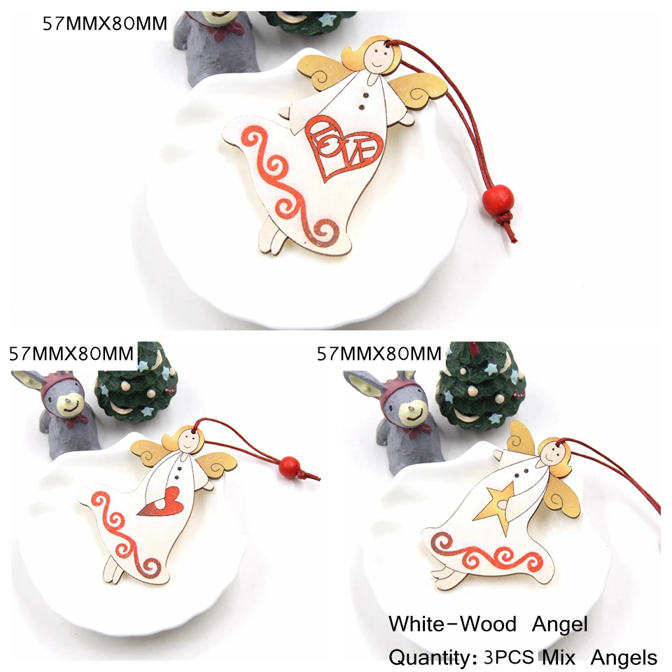 3PCS-Mix-W-Angel 3 шт./партия, милые рождественские деревянные подвески, украшения из дерева, подвесные украшения, детские игрушки для дома, новогодние украшения подарки - Цвет: 3PCS-Mix-W-Angel
