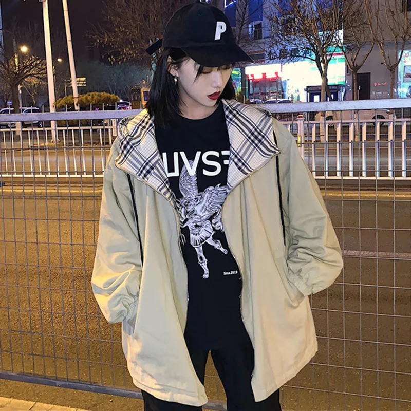 Осенняя куртка-бомбер с капюшоном Harajuku BF Свободное пальто на молнии Женское пальто с большим карманом кофты унисекс и куртки для женщин