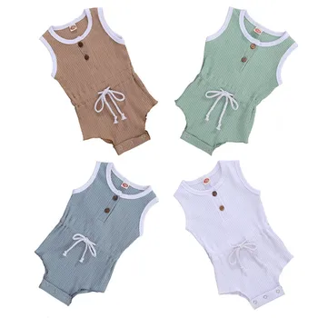 

Summer Infant Baby Boy Girl Cotton Linen Clothes One-piece Sleeveless Drawstrings Waist Romper Ribbed Solid Color Jumpsuit 0-12M