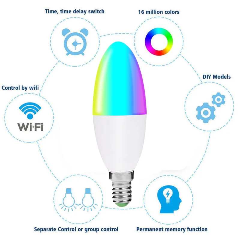 Smart LED Candelabra Base Bulb, RGB Dimmable Multicolored Candle Bulb, WiFi Control 40W Equivalent Bulb, Compatible with Alexa