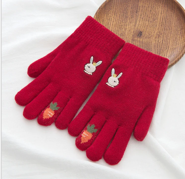 Red knitted gloves Теплые вязаные перчатки для девочек с пятью пальцами зимой - Цвет: Red knitted gloves