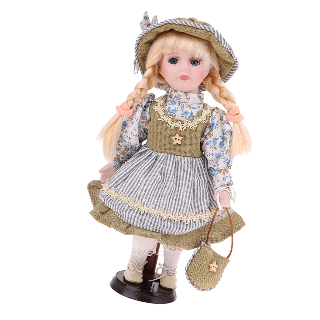 30cm Porcelain Doll Victorian Girl Standing Figures with Wooden Stand Kids Adult Collections