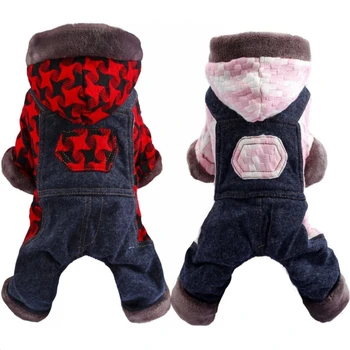 

Thicken Dog Clothes Dogs Jumpsuit Houndstooth Plaid Warm Winter Overalls for Dogs Hood Fleece Pocket Teddy Clothing