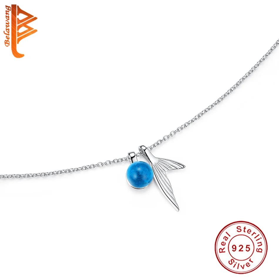 

925 Sterling Silver Mermaid Tail Necklace Blue Natural Stone Original Pendant Necklace for Women Ladies Wedding Jewelry Gift