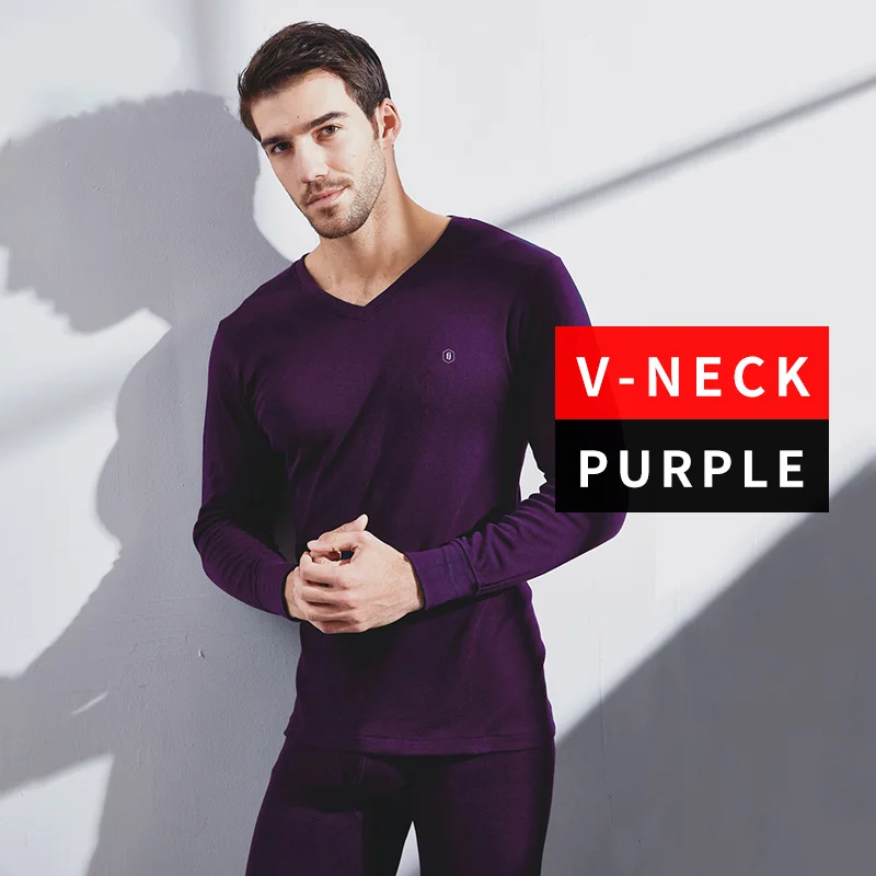 SeeBest, мужское термобелье, набор для мужчин, хлопок, зимние кальсоны, 6XL, теплый костюм, внутренняя одежда, Мериносовая одежда, термо размера плюс Large 5XL 4XL XXXL XL L M - Цвет: MEN  V neck  Purple