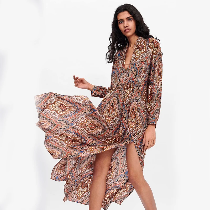 

ZA Print Dress 2019 Autumn Flower Vintage Elegant Fashion Print Dress Women Loose Korean Dress Holiday Party Gifts Wholesale