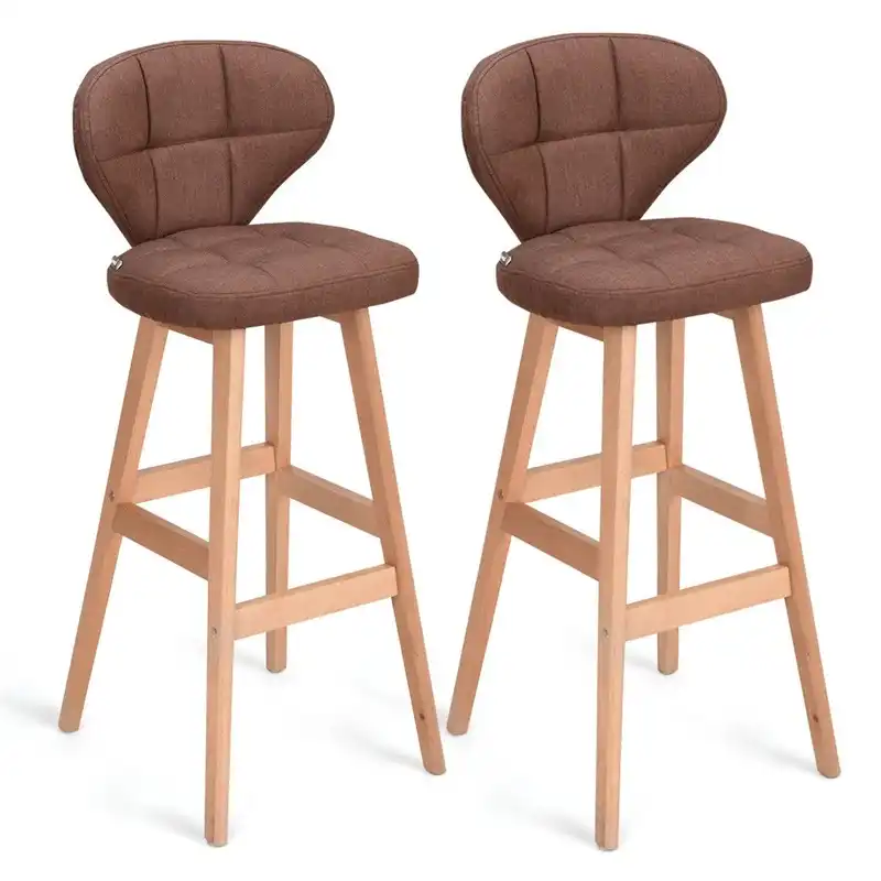 Set Of 2 Brown Bar Stools Pub Chair Fabric High Quality