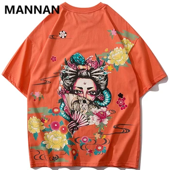 

MANNAN2020 Tops Tees Tees cotton mens clothing Harajuku Tshirt Short Sleeve Japanese Geisha T-Shirt Fashion tee shirt fila black