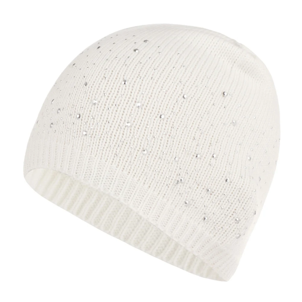 

Solid Soft Skullies Diamond Decoration Ladies Leisure Knitted Cap Women Beanie Autumn Winter Stretch Warm Elegant Casual Bonnet