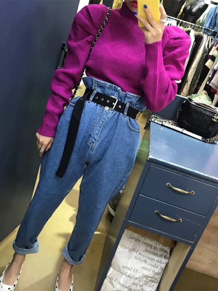 purple Осенняя мода, новые корейские вязанные женские свитера с рюшами, круглый вырез, длинный рукав, элегантный пуловер, женский свитер - Цвет: purple