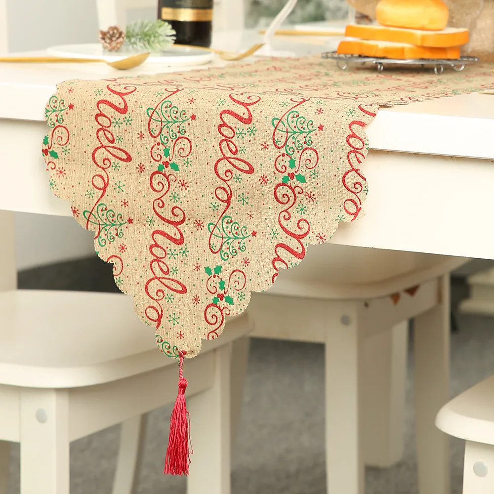 Рождественское льняное украшение для стола с принтом флага, настольная кисточка для скатерти