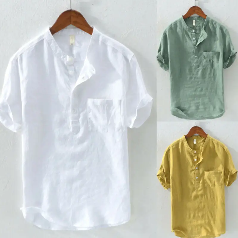 Мужские рубашки Mode Herren Kurzarm Leinen lashssig Atmungsaktiv Weiche V-Ausschnitt Top