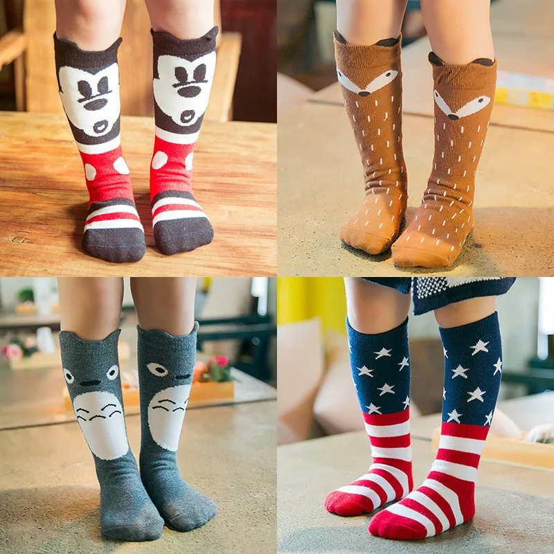 Calcetines de dibujos animados para niños, estilo Totoro, ratón, zorro, algodón, pierna alto rodilla, grande, cálido