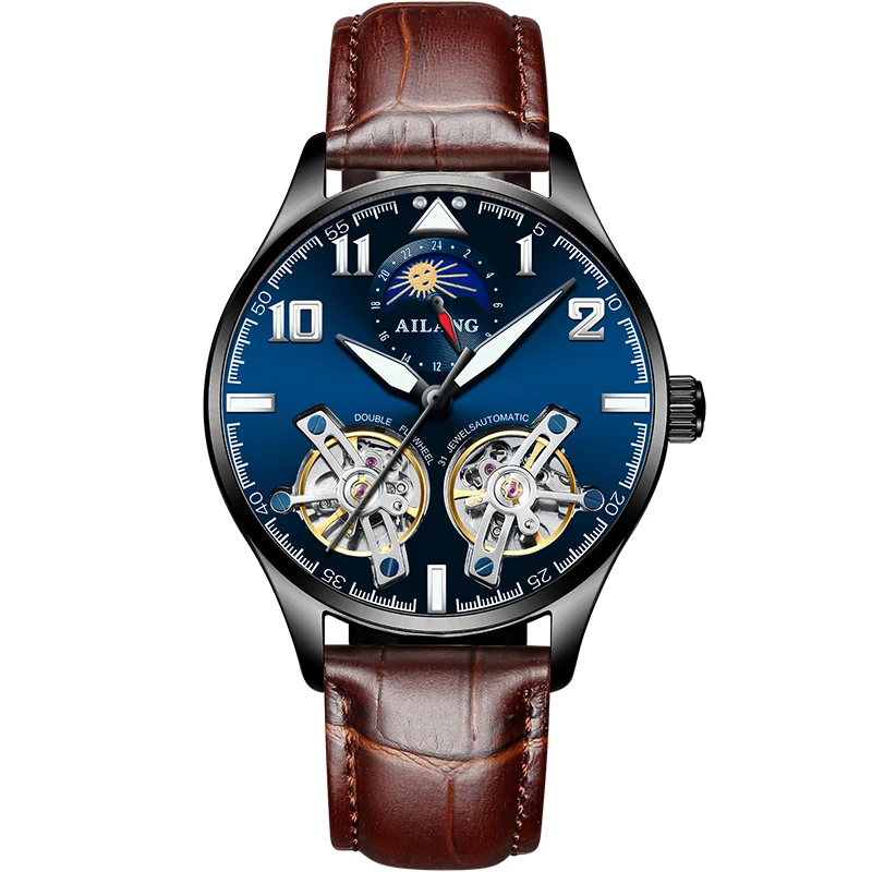 

Switzerland AILANG Automatic Mechanical Watch Fashion Double Tourbillon Men Waterproof Vintage Luminous Moon Phase Male Watch