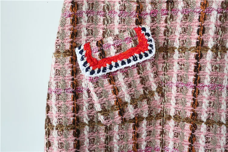 High Quality Tweed 2 Piece Set Fall Designer Pink Plaid Tweed Jacket Skirt Suit Single Breasted Wool Coat& One Step Skirt