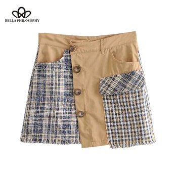 

Luck A Stylish Plaid Patchwork Tweed Mini Skirt Women 2020 Fashion A Line Pockets Tassel Ladies Skirts Casual Mujer