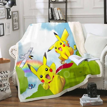 

Pokemon Pikachu Funny Character Blanket 3D Print Sherpa Blanket on Bed Home Textiles Dreamlike Style 05